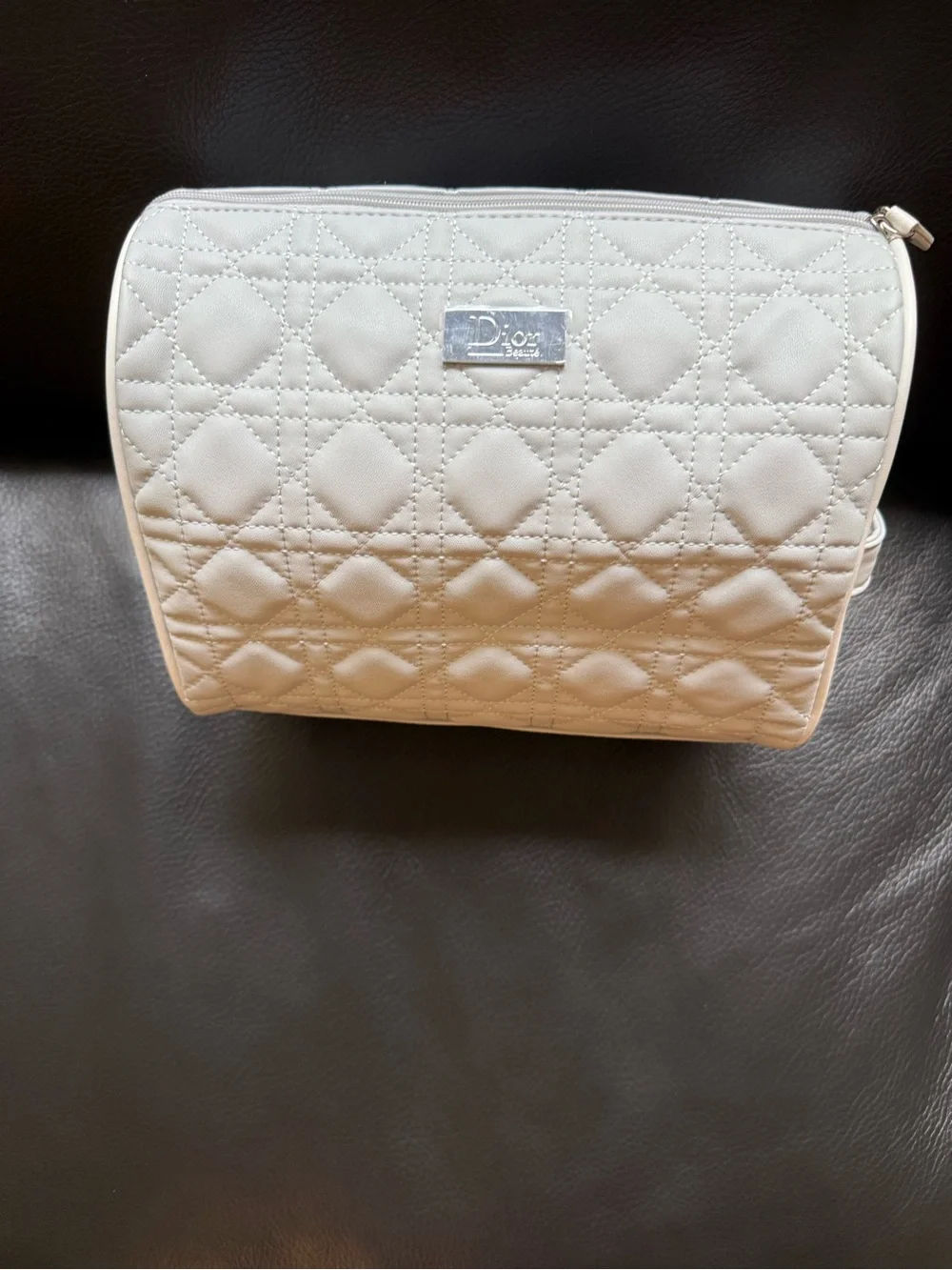 Dior Cream Quilted Cosmetic Pouch with Logo Plaque